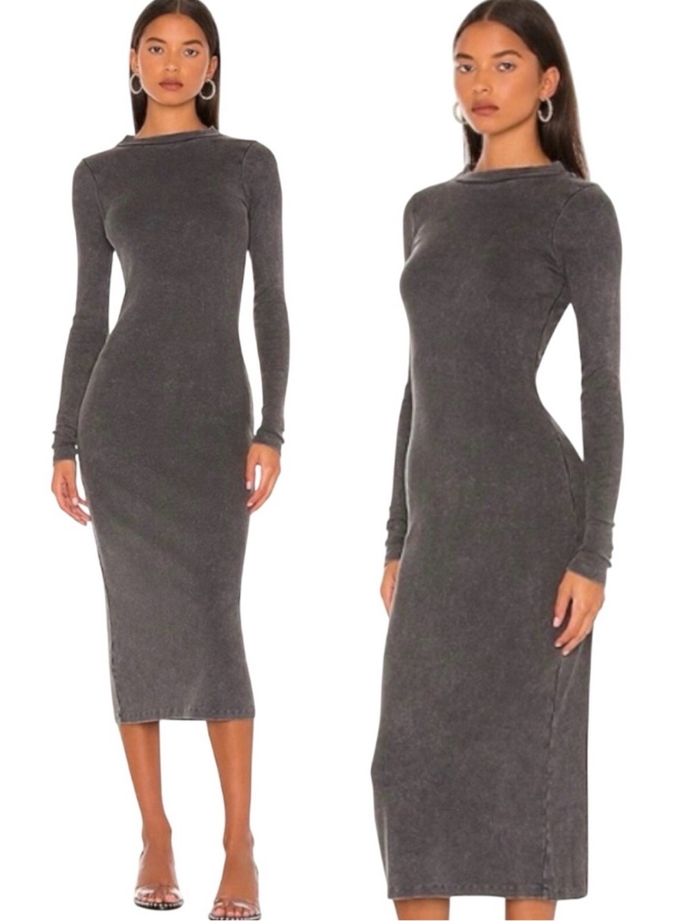 Young Fabulous & Broke Dax Long Sleeve Fitted Midi Dress Charcoal Black XS
